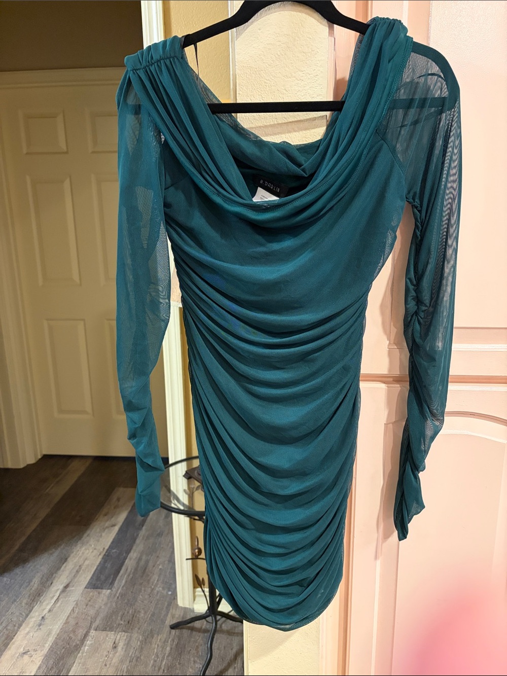 B Darlin Teal Ruched Mesh Long-Sleeve Cocktail Dress
